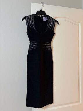 Black Sequin-Trim Midi Sheath Dress